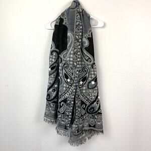 Shiraleah Chicago Maren Paisley Scarf Wrap Shawl Black Gray Blue Pom-Poms Fringe